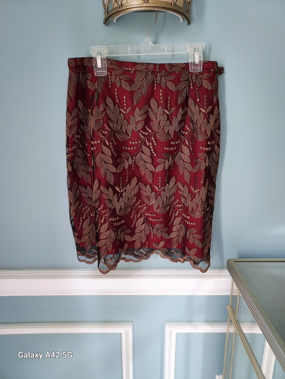 Kenar Burgundy Pencil Skirt with Gold Leaf Embroidery
